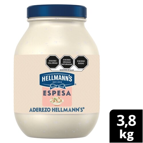 Hellmann's® Mayonesa Espesa 3,8 Kg - Hellmann's® Espesa es un aderezo de mayonesa con consistencia ideal para preparaciones de alto rendimiento*, así como ensaladas y otro platillos, sin necesidad de utilizar grandes cantidades de producto.